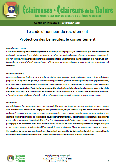 <b> Code d'honneur du recrutement bénévole <b/>